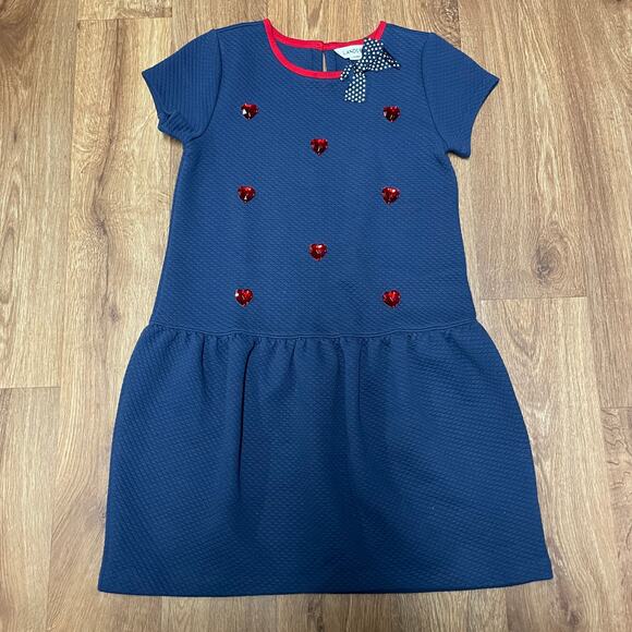 Lands End Girls Red White Blue Quilted Heart Embellished Bow Dress Size 14 Large - Picture 1 of 9